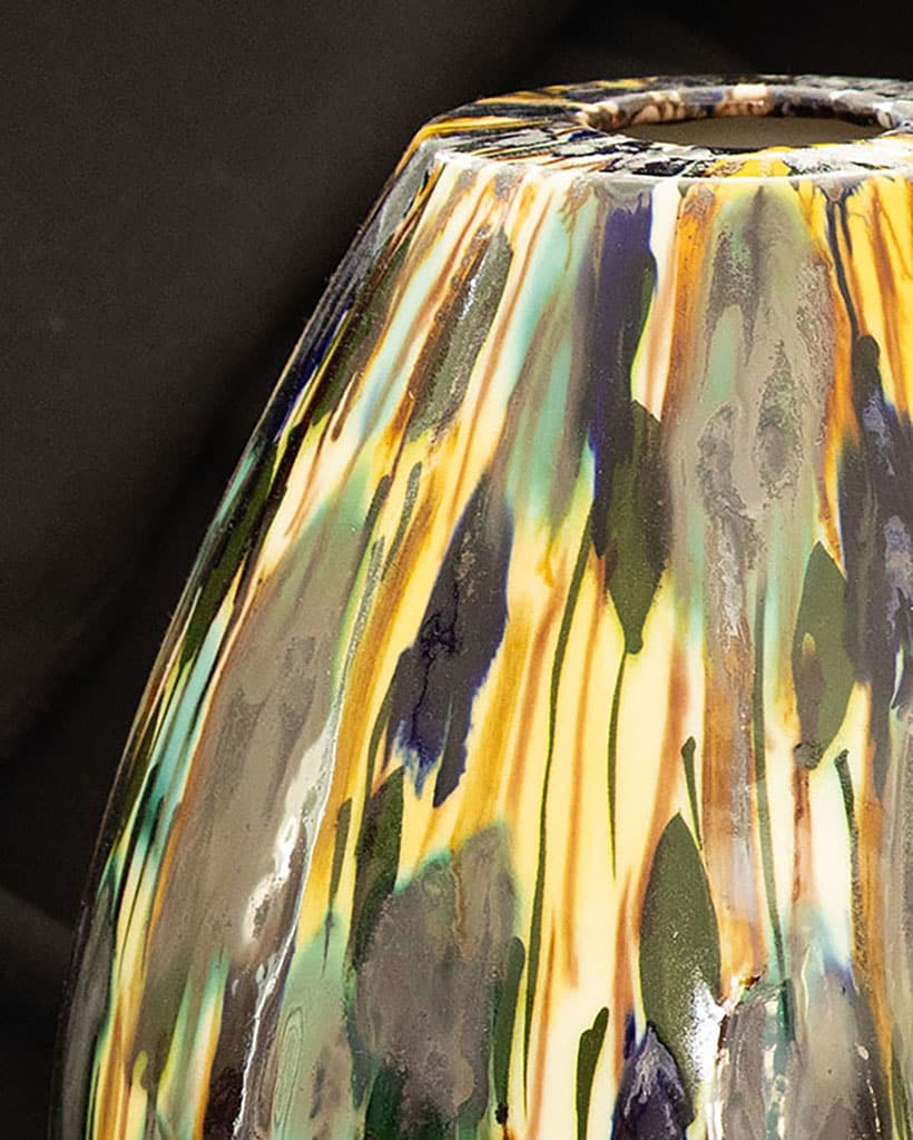 close up of - Sculptural porcelain object by Danish artist Pia Andersen, created with underglazes, oxides and 14-carat gold through an intricate three-firing process.